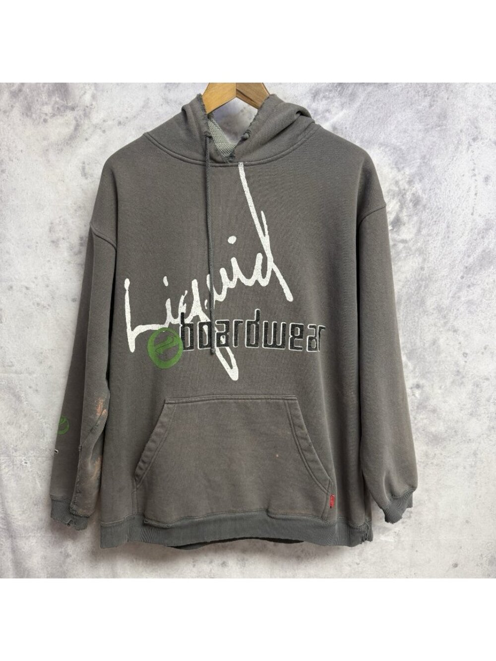 Vintage Liquid Boardwear Hoodie Sweatshirt Mens Gray Surf Skate Snow Y2K 90s L